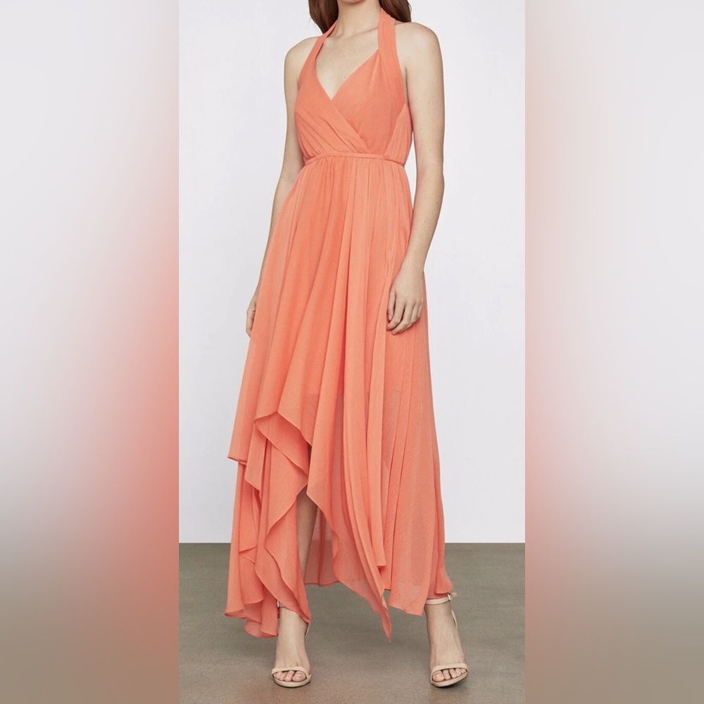 BCBGMAXAZRIA Salmon Chiffon High-Low Halter Gown Prom Dress Size S NWT - Picture 10 of 12